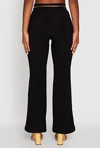 Womens High Waisted Flare Leg Scuba Pants with Metallic Chain Belt, Black, Size XL