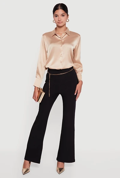 Womens Scuba Flare Pants with Metallic Chain Belt, Black, Size L