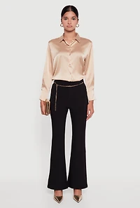 Womens Scuba Flare Pants with Metallic Chain Belt, Black, Size L
