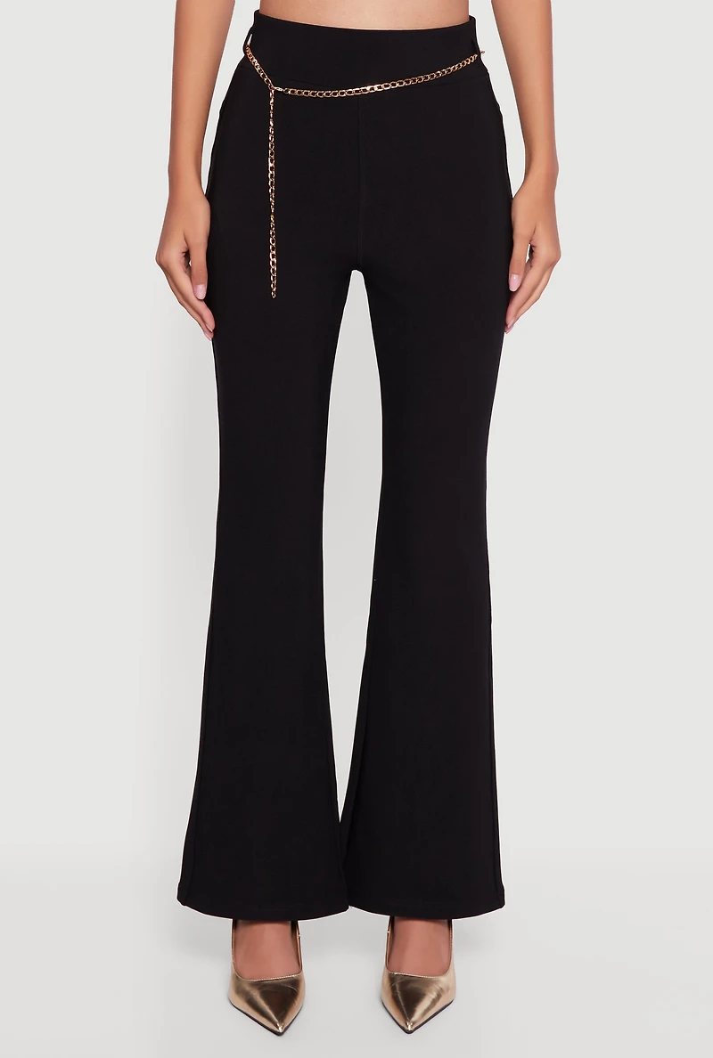 Womens Scuba Flare Pants with Metallic Chain Belt, Black, Size L