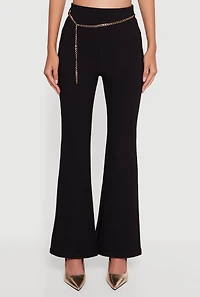 Womens Scuba Flare Pants with Metallic Chain Belt, Black, Size L