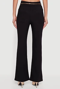 Womens Scuba Flare Pants with Metallic Chain Belt, Black, Size L
