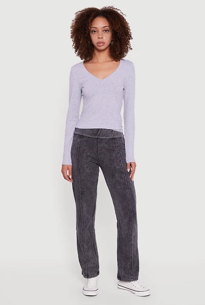 Womens Acid Wash Fleece Mid Rise Slim Straight Leg Sweatpants, Grey, Size L