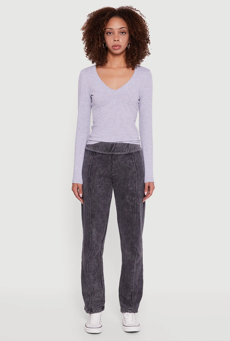 Womens Acid Wash Fleece Mid Rise Slim Straight Leg Sweatpants, Grey, Size L