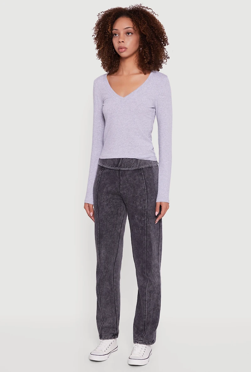 Womens Acid Wash Fleece Mid Rise Slim Straight Leg Sweatpants, Grey,