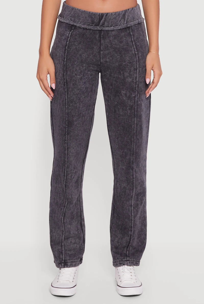 Womens Acid Wash Fleece Mid Rise Slim Straight Leg Sweatpants, Grey,