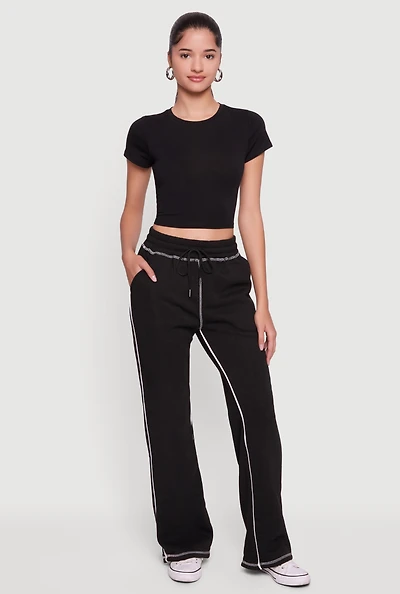 High Waisted Fleece Sweatpants with Contrast Piping