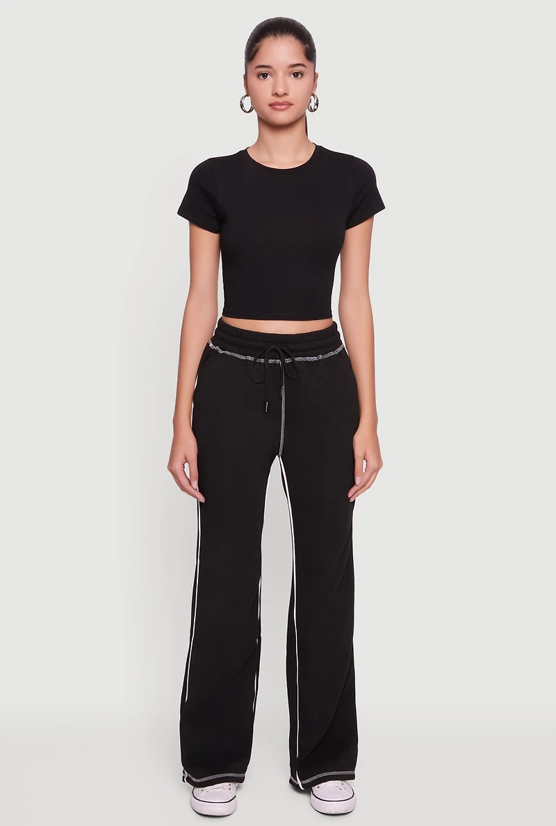 High Waisted Fleece Sweatpants with Contrast Piping