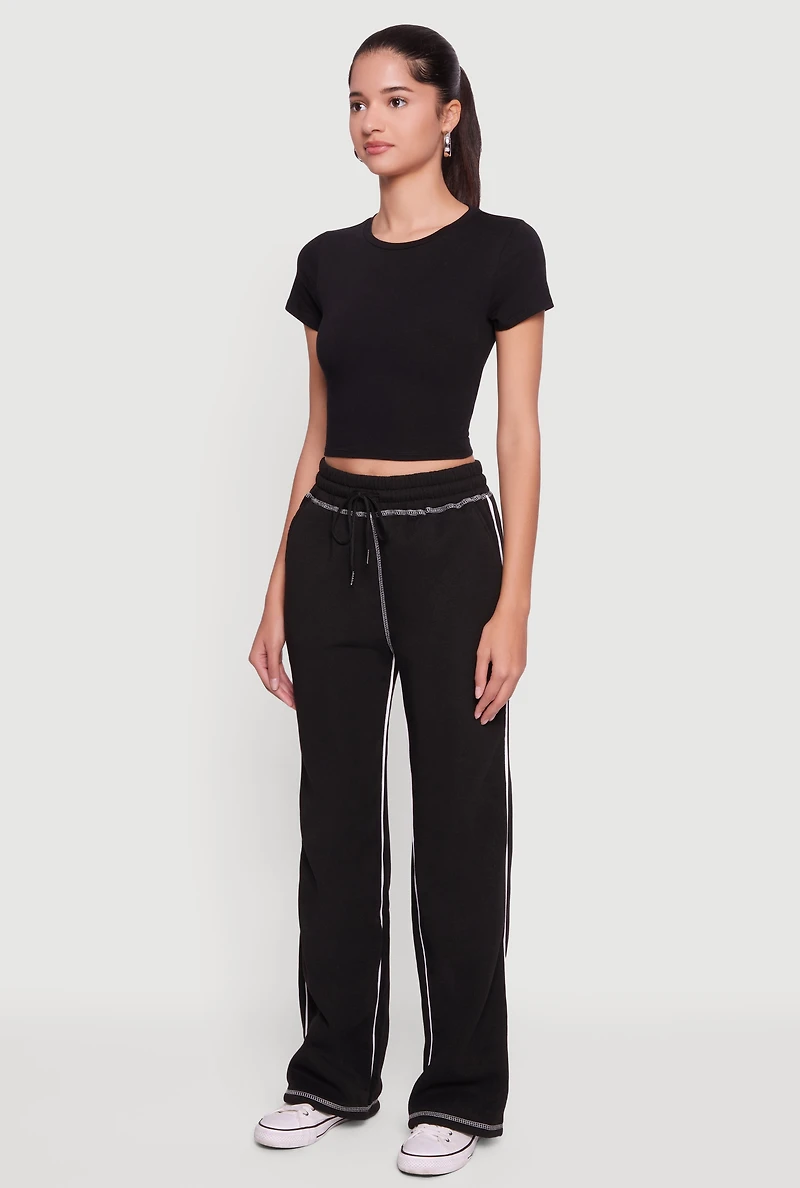 High Waisted Fleece Sweatpants with Contrast Piping
