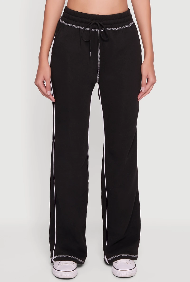 Womens High Waisted Fleece Sweatpants with Contrast Piping,