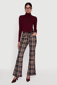 Plaid Scuba Belted Flared Leg Dress Pants