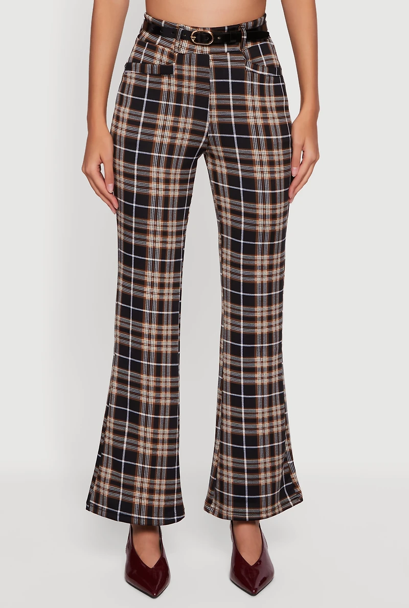 Womens Plaid Scuba Belted Flared Leg Dress Pants, Multi, Size S