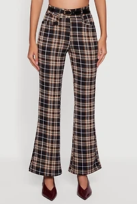 Womens Plaid Scuba Belted Flared Leg Dress Pants, Multi, Size S