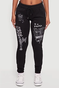 Womens Anime Graphic Print Fleece Sweatpants with Pockets, Black, Size M