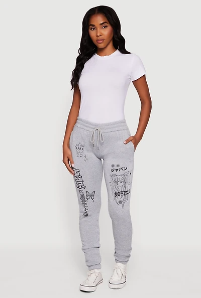 Womens Anime Graphic Print Fleece Sweatpants with Pockets, Grey,