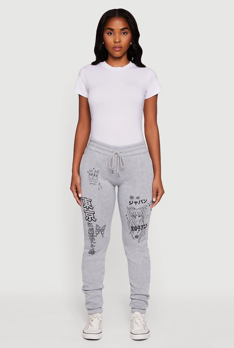 Womens Anime Graphic Print Fleece Sweatpants with Pockets, Grey, Size L