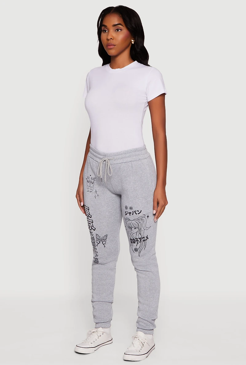 Womens Anime Graphic Print Fleece Sweatpants with Pockets, Grey, Size L