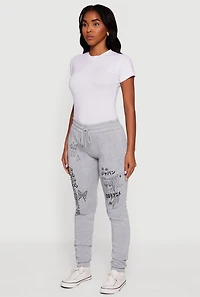 Womens Anime Graphic Print Fleece Sweatpants with Pockets, Grey, Size L