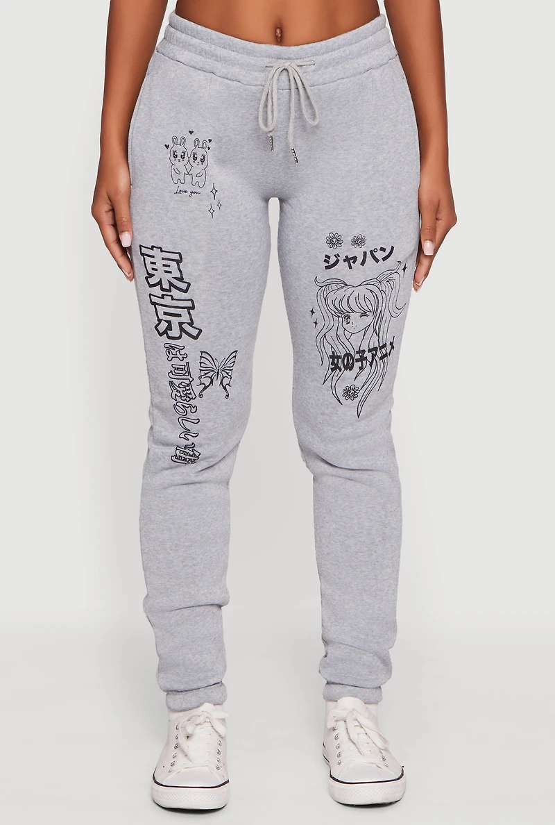 Womens Anime Graphic Print Fleece Sweatpants with Pockets, Grey,