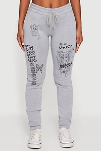 Womens Anime Graphic Print Fleece Sweatpants with Pockets, Grey,