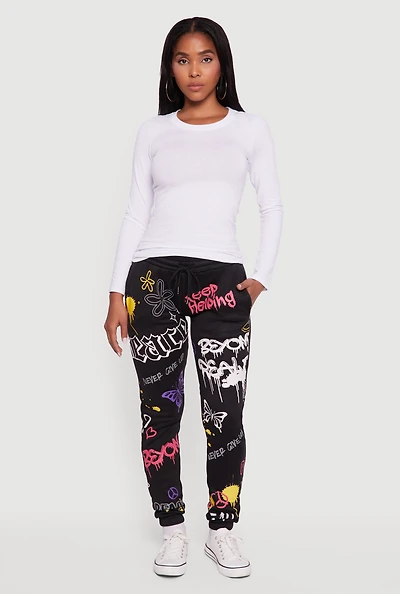 Womens Fleece Lined Graffiti Print Peaceful Graphic Sweatpants, Black, Size M