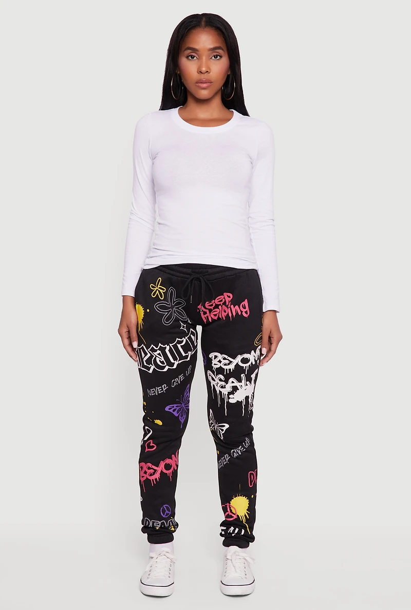 Womens Fleece Lined Graffiti Print Peaceful Graphic Sweatpants,