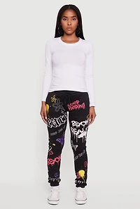 Womens Fleece Lined Graffiti Print Peaceful Graphic Sweatpants,