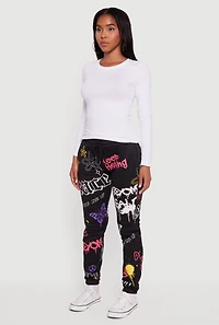 Womens Fleece Lined Graffiti Print Peaceful Graphic Sweatpants, Black, Size M