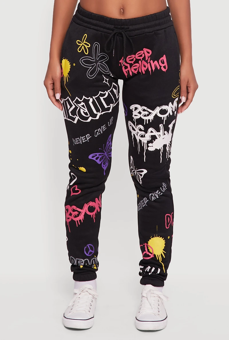 Womens Fleece Lined Graffiti Print Peaceful Graphic Sweatpants, Black, Size M