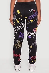 Womens Fleece Lined Graffiti Print Peaceful Graphic Sweatpants, Black, Size M
