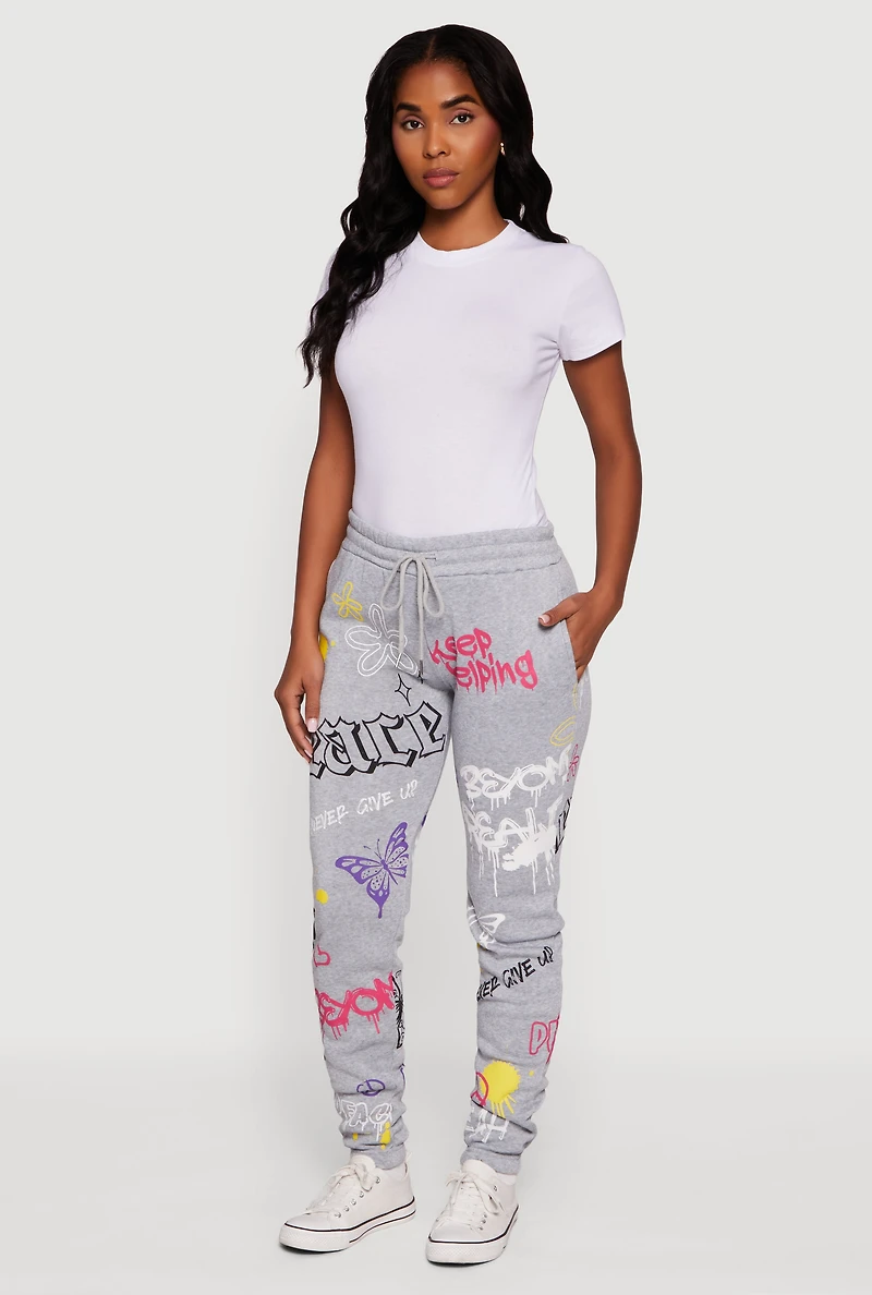 Womens Fleece Lined Graffiti Print Peaceful Graphic Sweatpants, Grey, Size L
