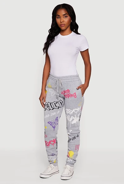 Womens Fleece Lined Graffiti Print Peaceful Graphic Sweatpants, Grey, Size L