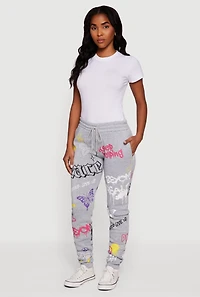 Womens Fleece Lined Graffiti Print Peaceful Graphic Sweatpants, Grey, Size L