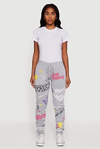 Womens Fleece Lined Graffiti Print Peaceful Graphic Sweatpants, Grey, Size L