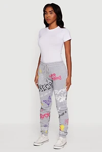 Womens Fleece Lined Graffiti Print Peaceful Graphic Sweatpants, Grey, Size L