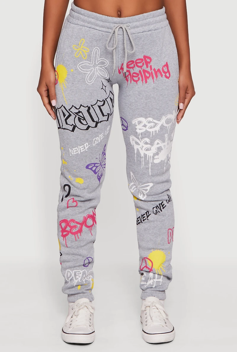 Womens Fleece Lined Graffiti Print Peaceful Graphic Sweatpants, Grey, Size L