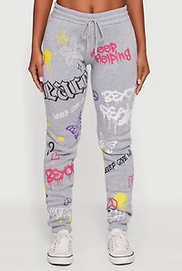 Womens Fleece Lined Graffiti Print Peaceful Graphic Sweatpants, Grey, Size L