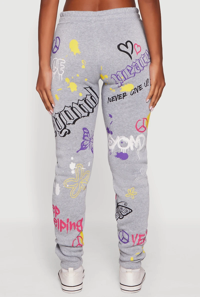 Womens Fleece Lined Graffiti Print Peaceful Graphic Sweatpants, Grey, Size L