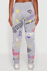 Womens Fleece Lined Graffiti Print Peaceful Graphic Sweatpants, Grey, Size L