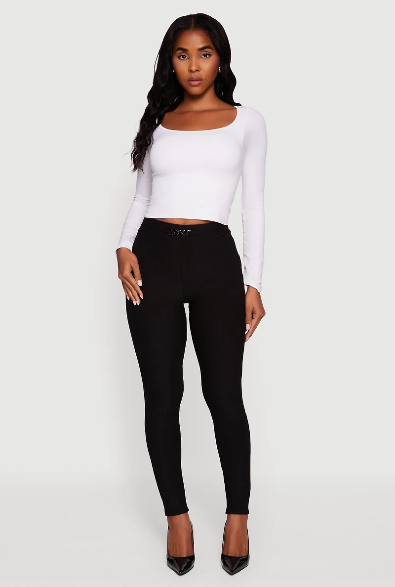 Womens Scuba Chain Link Belted Front Skinny Dress Pants, Black, Size XL