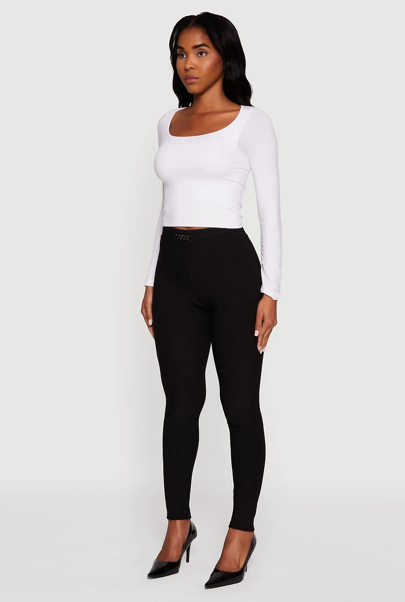 Womens Scuba Chain Link Belted Front Skinny Dress Pants, Black, Size XL