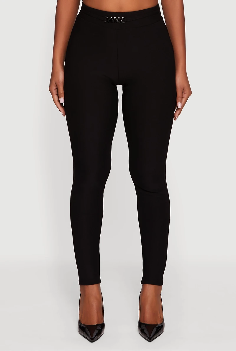 Womens Scuba Chain Link Belted Front Skinny Dress Pants, Black, Size XL