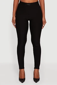 Womens Scuba Chain Link Belted Front Skinny Dress Pants, Black, Size XL