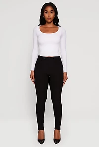 Womens Scuba Tab Waist Skinny Dress Pants, Black, Size L