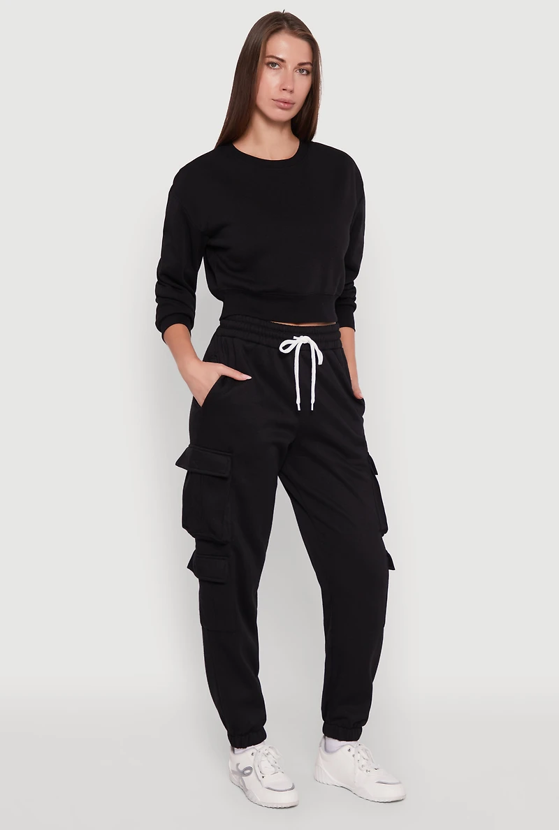 Womens Drawstring High Waisted Cargo Pocket Sweatpants, Black, Size M