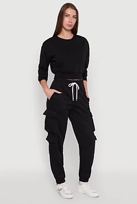 Womens Drawstring High Waisted Cargo Pocket Sweatpants, Black, Size M