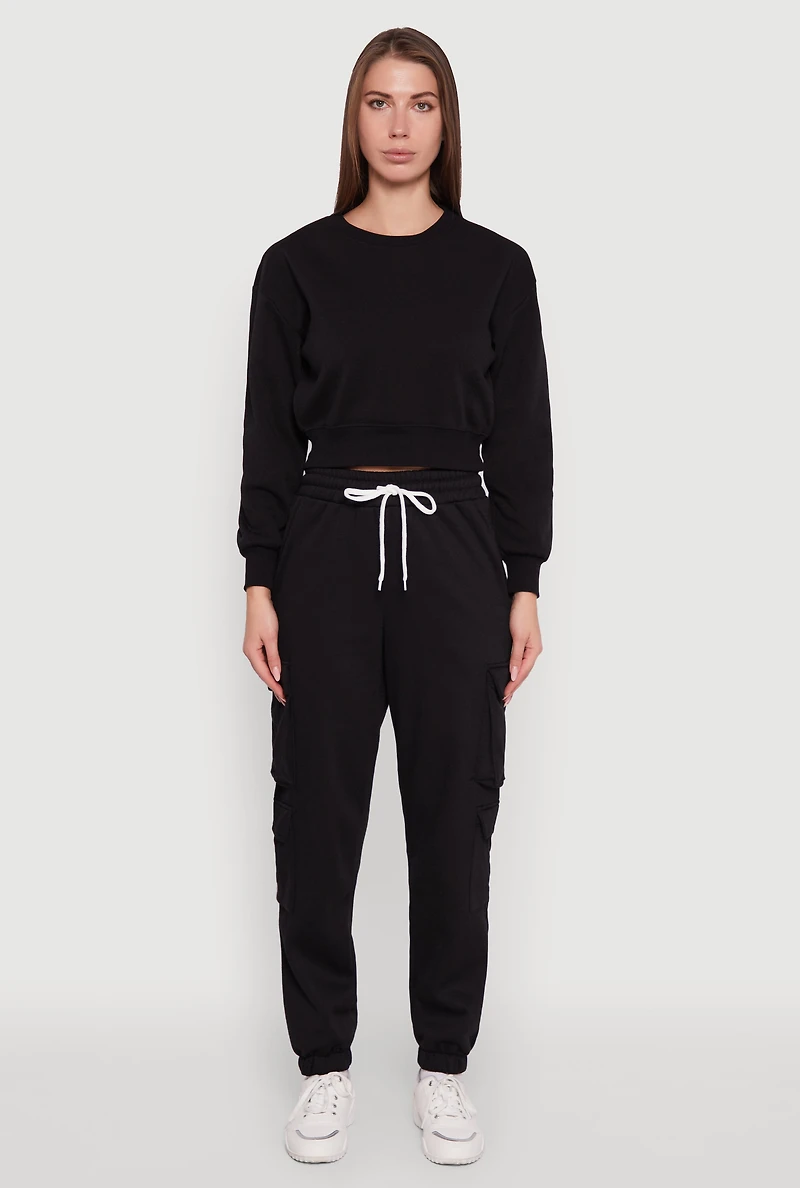 Womens Drawstring High Waisted Cargo Pocket Sweatpants, Black, Size M