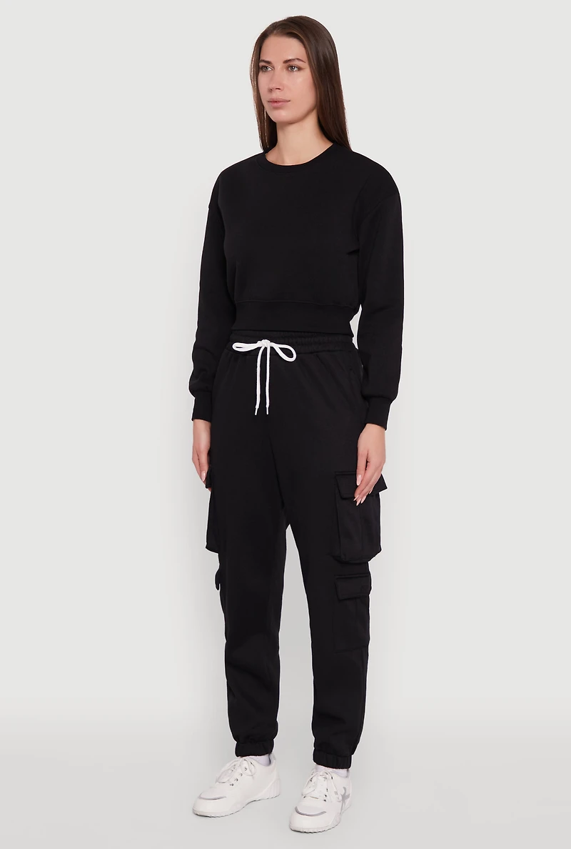 Womens Drawstring High Waisted Cargo Pocket Sweatpants, Black, Size M