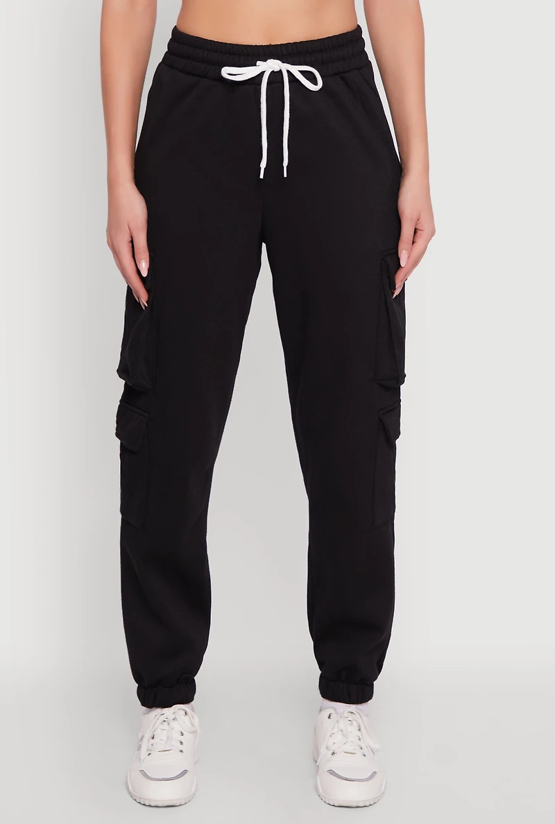 Womens Drawstring High Waisted Cargo Pocket Sweatpants, Black, Size M