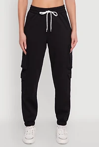 Womens Drawstring High Waisted Cargo Pocket Sweatpants, Black,